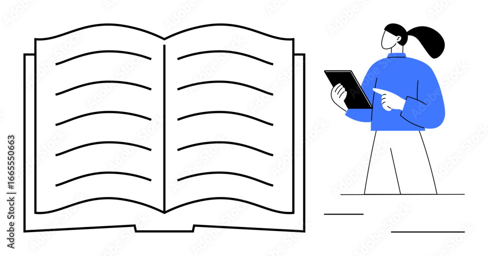 Aufkleber open book with visible text lines next to a woman holding a tablet device and pointing. ideal for ed