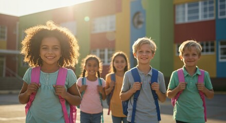 Happy diverse group of elementary school kids standing outside their school. Multiethnic students with backpacks smiling at the camera on a sunny day.