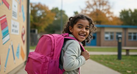 Fototapeta premium Happy elementary school girl with pink backpack smiling at camera in the schoolyard. Back to school concept.