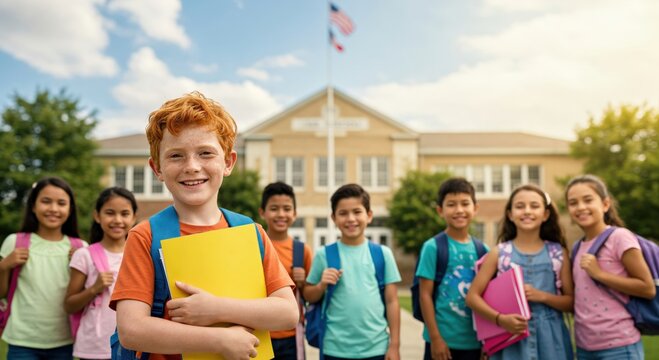 Portrait of a happy young red-haired boy with his diverse classmates standing in front of their school building - Powered by Adobe