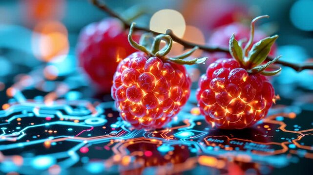 Raspberry Fusion: A close-up shot of vibrant red raspberries juxtaposed against a digital circuit board background.  A visual ode to technology and nature's embrace.