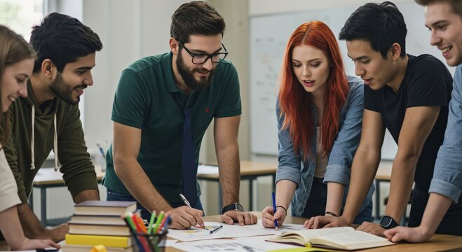 A diverse group of young male and female students collaborating on a project. Multicultural colleagues brainstorming and working together in a classroom.