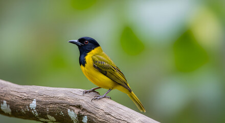 Naklejka premium Vibrant Black-Headed Bulbul Perched on a Branch, Showcasing its Striking Yellow Plumage Against a Soft Green Bokeh Background, Displaying its natural beauty in a peaceful environmental setting