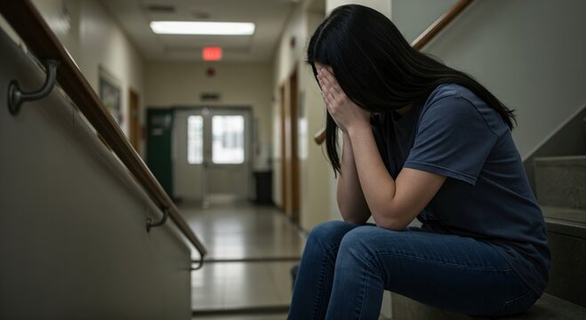 Sad and lonely Asian teenage girl crying on the stairs in a school hallway, feeling depressed and bullied. - Powered by Adobe