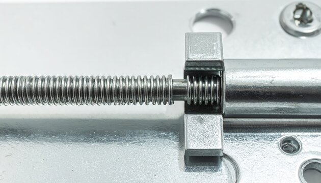Close-up of a lead screw mechanism with a threaded rod, nut, and metal housing
