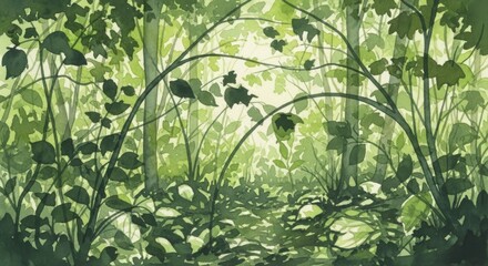 Lush Green Forest Scene with Dense Foliage and Sunlight Filtering Through Leaves