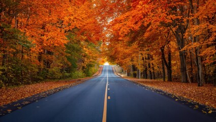 Fototapeta premium Scenic autumn road through a vibrant forest tunnel of orange leaves