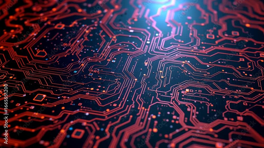 Poster digital circuitry: a detailed macro shot of a complex and intricately designed circuit board, awash 