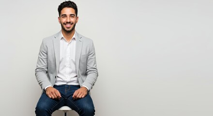 Smiling young man in casual business attire sitting on stool against plain background, showing confident and friendly professional demeanor, wearing grey blazer, white shirt, and blue jeans.