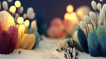 An imaginary field of softly lit, plush plant forms in a dreamlike, colorful landscape.