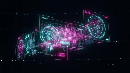 Neon UI elements in shades of cyan and pink floating in a dark digital space - Powered by Adobe