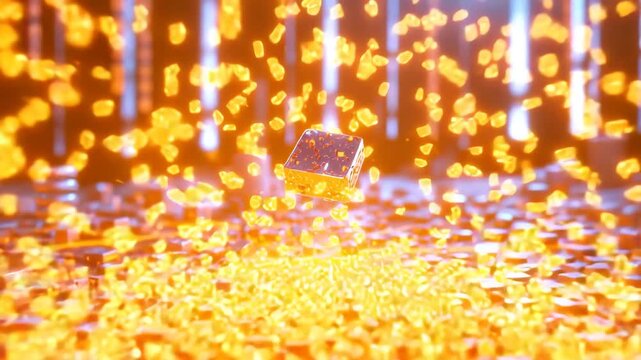 Golden Cube in a Digital Aurora: A mesmerizing display showcases a golden cube suspended amidst a vibrant, ethereal, digital atmosphere, evoking futuristic concepts and high-tech innovation.