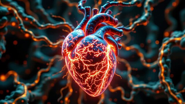 Glowing Heart with Tendrils: A luminous illustration of a human heart, radiating with energy, intricately detailed with veins and neurons, set against a background of interwoven tendrils.