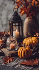 Autumn Decorations With Pumpkins, Candles, and Seasonal Leaves on a Rustic Table Setting in a Cozy Atmosphere