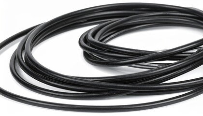 Coiled black cable or tube isolated on white. Flexible, smooth texture with overlapping loops