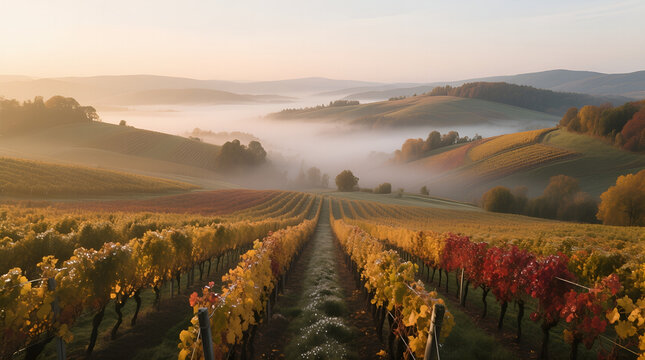 Atmospheric Vineyard Landscape with Morning Mist and Rolling Hills Scenery