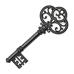 Antique ornate black metal key with decorative bow and intricate bit