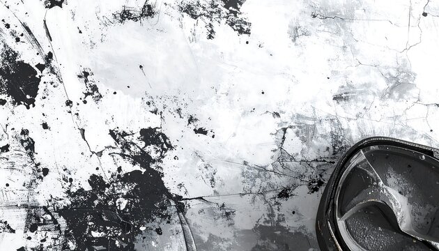 A grayscale image of a textured surface with cracks and splatters, featuring an abstract object in the lower right.