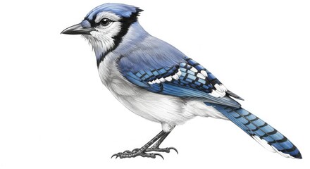 A detailed illustration of a Blue Jay bird with striking blue, white, and black plumage, perched and looking to the left.