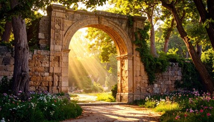Sunbeams illuminate a stone archway nestled within a lush, tranquil garden setting