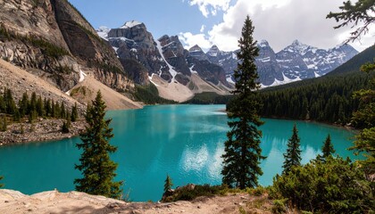 Vibrant turquoise alpine lake nestled amidst snow-capped peaks and evergreen trees