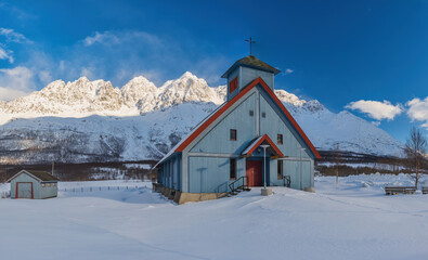 Tromso Norway, panorama winter nature landscape mountain at Lakselvbukt with church