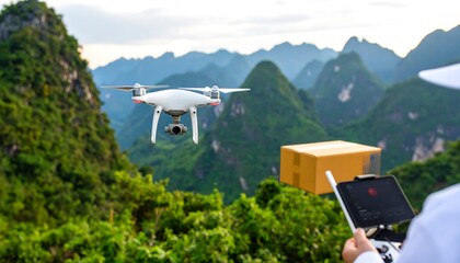 A white drone hovers amidst lush greenery, delivering a package over a picturesque mountain range.