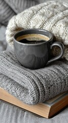 Cozy autumn scene coffee cup on knitwear and book