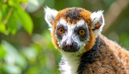 Naklejka premium Close-up of a Crowned lemur with captivating orange, white, and black fur against a lush green backdrop