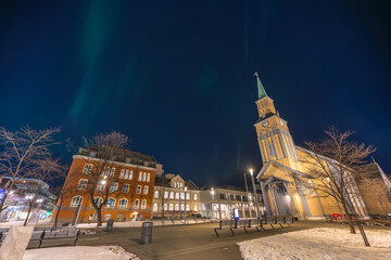 Obraz premium Tromso Norway, aurora borealis northern lights at Tromso Cathedral