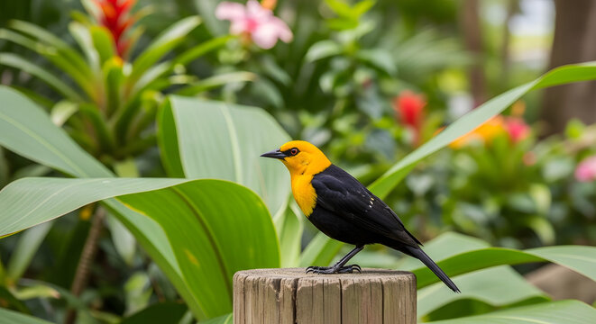 A vibrant Yellow-hooded blackbird perches elegantly on a weathered wooden post, enveloped by lush green foliage and colorful blossoms, showcasing nature's artistry with its striking colors and