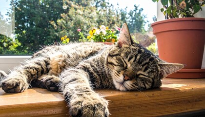 Tabby cat peacefully sleeping on a sunlit windowsill with paws dangling