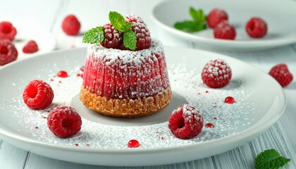 Small red raspberry cake dusted with powdered sugar, garnished with mint and fresh raspberries