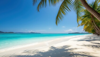 Obraz premium Tropical beach scene with palm trees white sand and turquoise water under a clear blue sky view