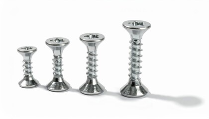 Four progressively larger, shiny, silver screws stand upright against a white backdrop
