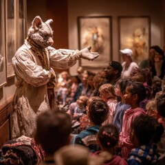 Fototapeta premium A puppeteer dressed in costume, entertaining a lively audience. 