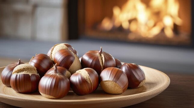 Roasted Chestnuts and Warm Fire: A close-up shot of roasted chestnuts in a wooden bowl set against the inviting glow of a cozy fireplace. evoking the warmth of the season.