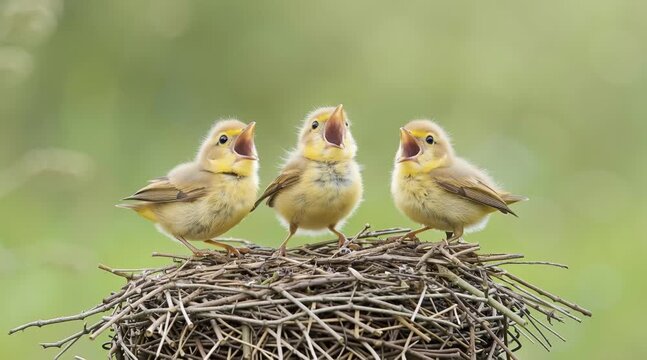 Singing Bird Trio on Nest: An adorable trio of fledgling birds on a hand-crafted nest, capturing a moment of collective song against the backdrop of the natural environment.