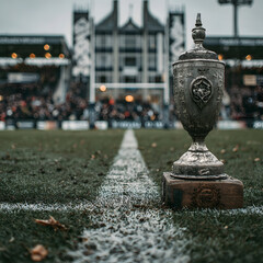 Obraz premium Rugby Trophy Positioned on Pitch During Celebration with Packed Stadium Under Dramatic Sky