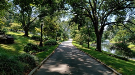 Fototapeta premium Sun-dappled path winding through a lush green park alongside a calm river