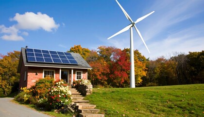 Obraz premium A small brick house with solar panels sits alongside a wind turbine in a vibrant autumn landscape.