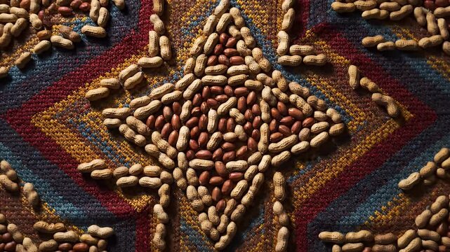 Close-up of a geometric pattern made of peanuts on a colorful woven textile.