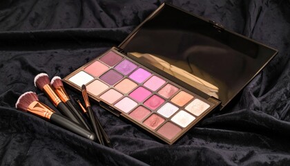 An eyeshadow palette with pink and purple shades and makeup brushes on dark velvet