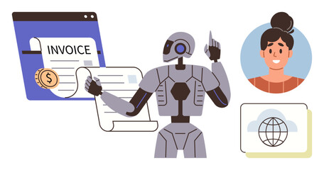 Robot processing digital invoices with currency coin, globe icon, user account, interactive options. Ideal for automation, AI, fintech, innovation productivity online business efficiency. Simple