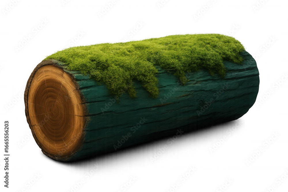 Poster photorealistic 3d rendering showing mossy log with detailed texture, transparent background perfect 