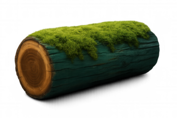 Photorealistic 3d rendering showing mossy log with detailed texture, transparent background perfect for natural design compositions