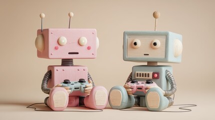 Naklejka premium Living together in AI digital world, Two cute retro toy robots playing video games with controllers