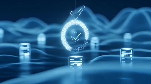 Abstract server silhouettes brighten as a progress ring around a floating cloud reaches completion; a tiny check appears to imply uptime health at a glance