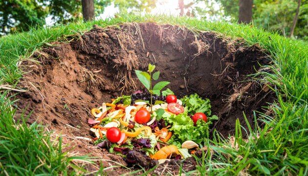 A hole in grassy earth filled with composting food scraps and a small plant sprout