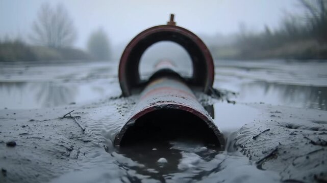 Gloomy landscape featuring a corroded drainage pipe discharging polluted effluent into a muddy, desolate field, a powerful visual statement on ecological disaster and industrial contamination